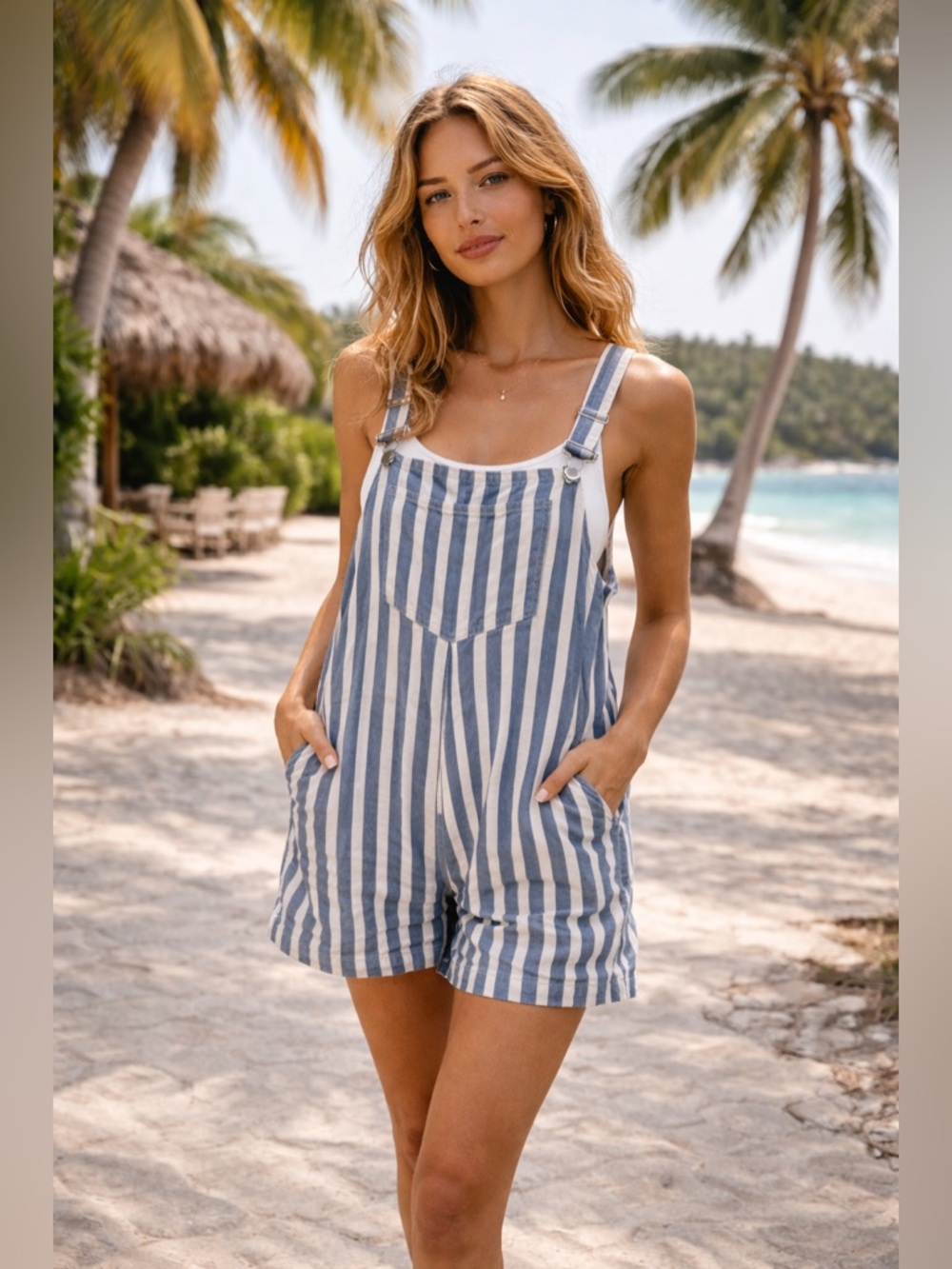 ZARA Blue White Striped Romper Overalls Shorts Cotton XL